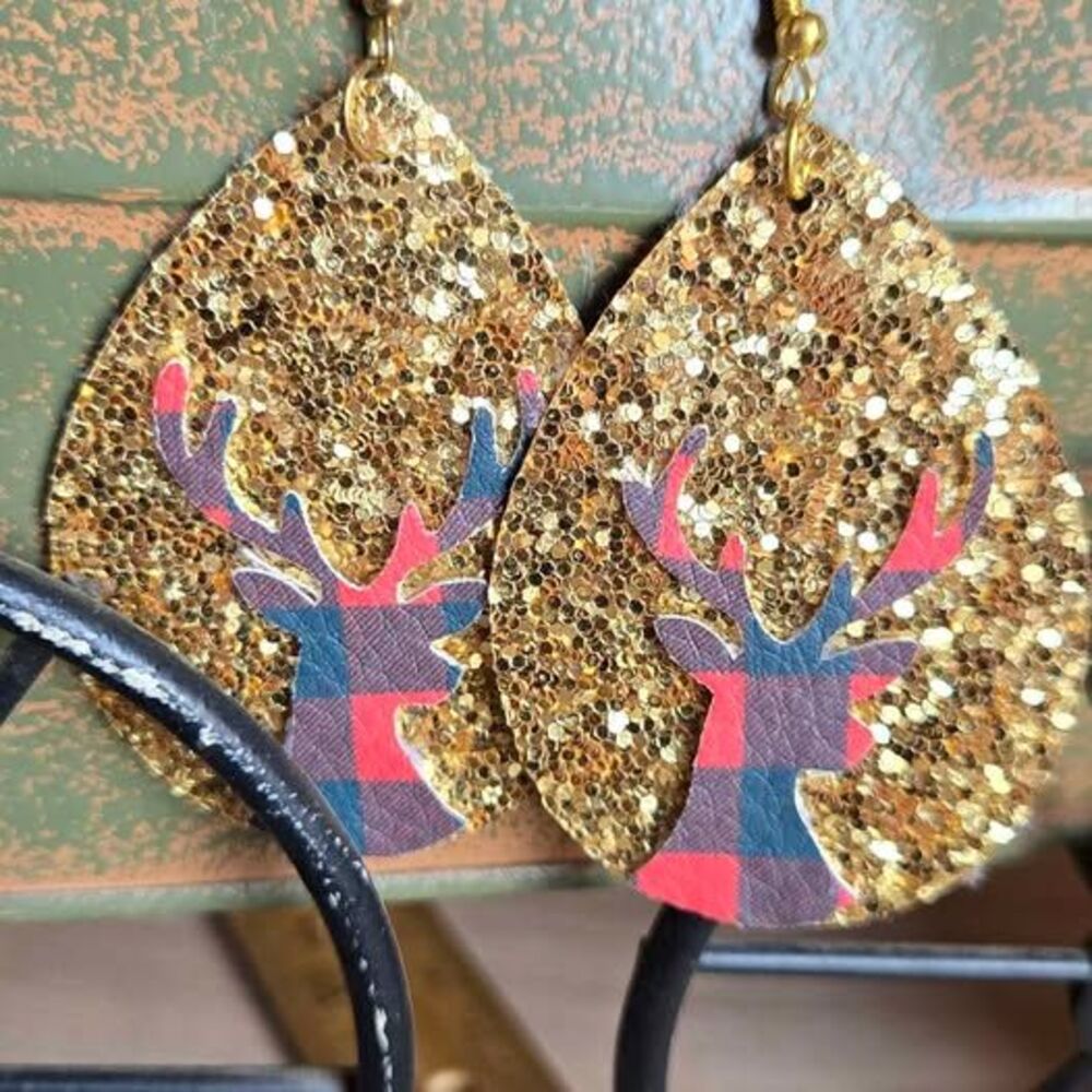 Buffalo Plaid Deer Faux Leather Glitter Teardrop Earrings Pre-Owned